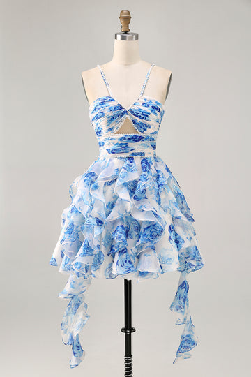 White Blue Flower A-Line Pearl Beaded Cut-Out Homecoming Dress With Ruffles
